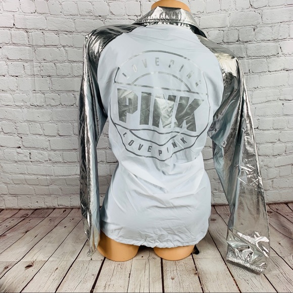 VS PINK Snap Front Coach Jacket White / Silver - Picture 7 of 8